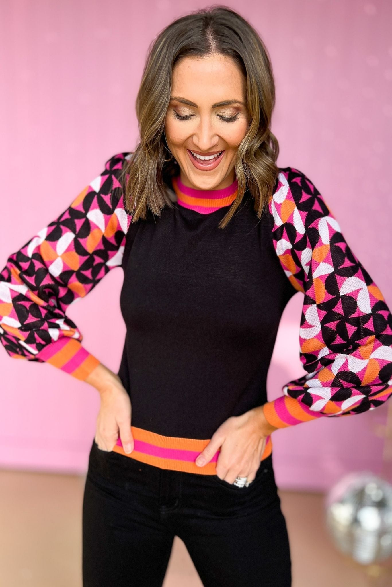Black Hot Pink Contrast Print Sleeve Sweater, fall fashion, layered look, must have, mom style, elevated look, shop style your senses by mallory fitzsimmons