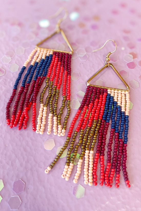 Gold Triangle With Navy, Plum, Pink And Gold Seed Bead Tassel Earrings