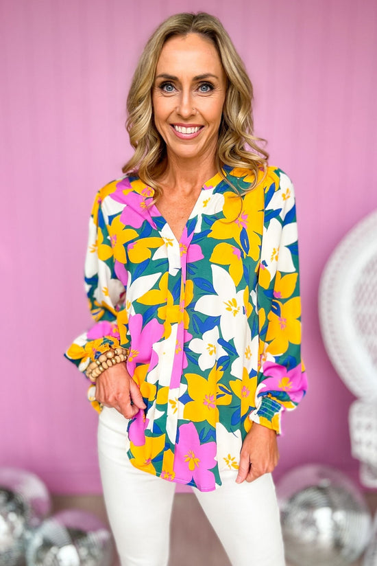 Load image into Gallery viewer, Magenta Gold Floral V Neck Long Sleeve Top, spring fashion, floral top, long sleeve, v neck , shop style your senses by mallory fitzsimmons
