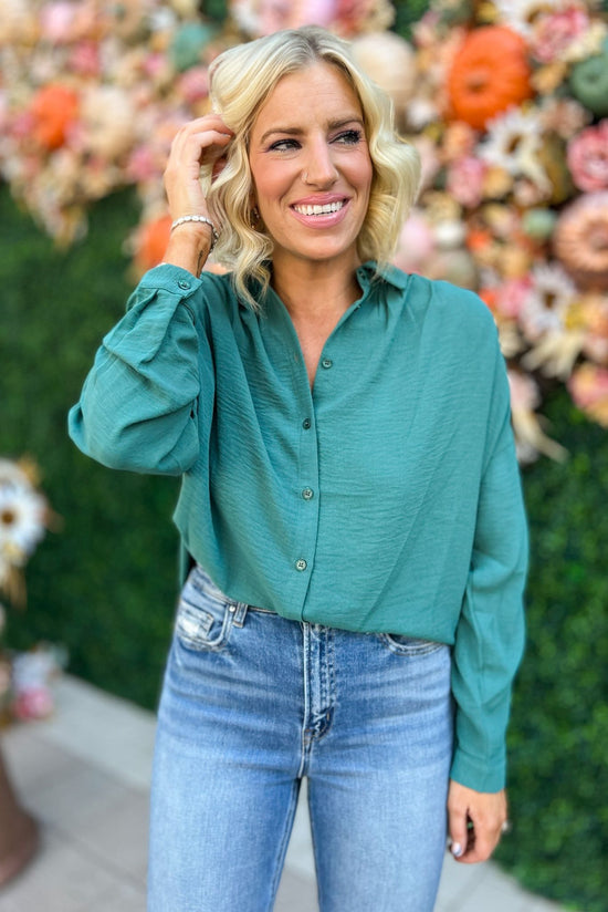 Teal Collared Long Sleeve Shirred Back Button Down Top, fall fashion, fall must have, elevated look, mom style, layered look, shop style your senses by mallory fitzsimmons