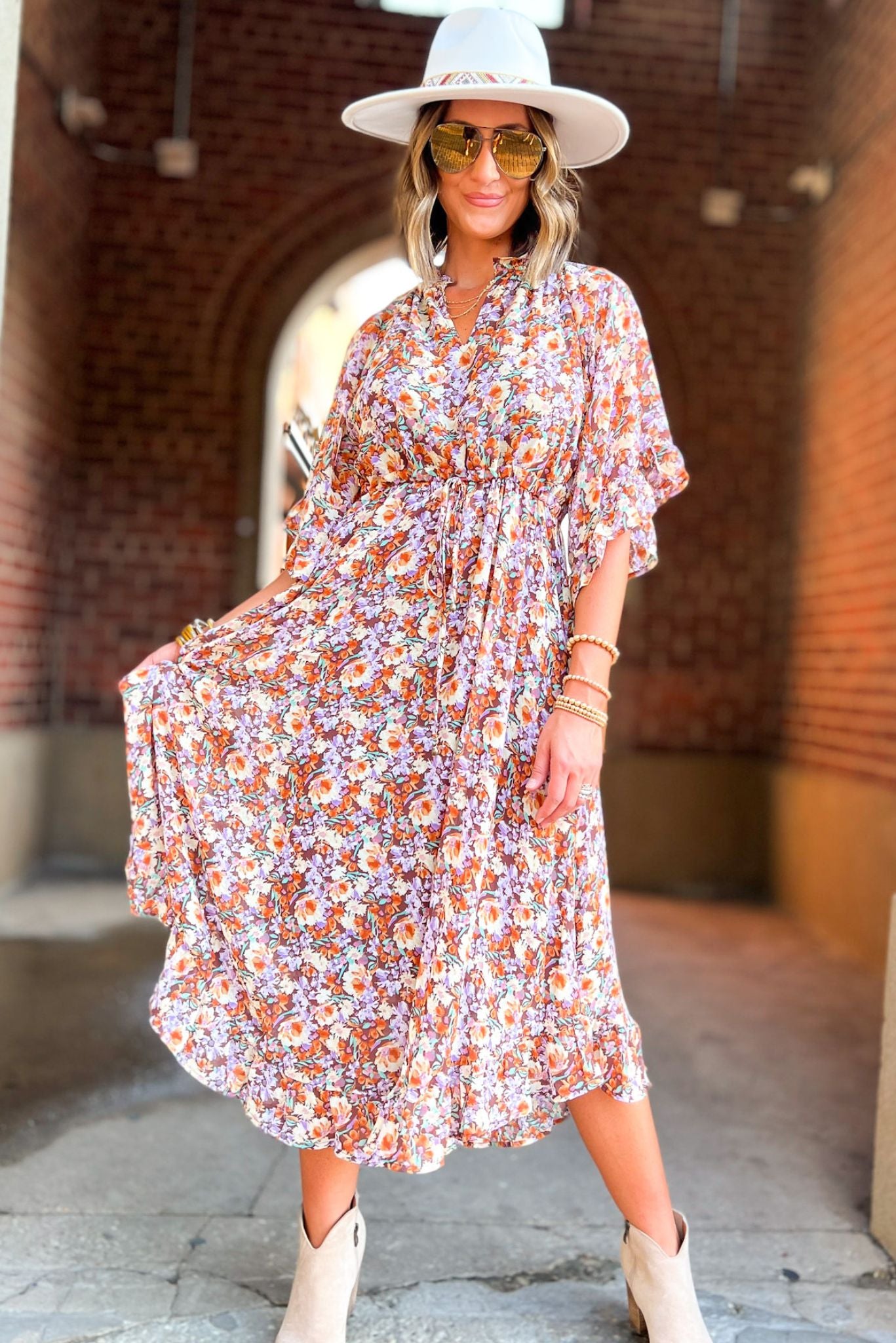 Brown Floral V Neck Flowy Sleeve Maxi Dress, fall floral maxi dress, flowy fit, flirty style, mom style, fall transition, must have, shop style your senses by mallory fitzsimmons