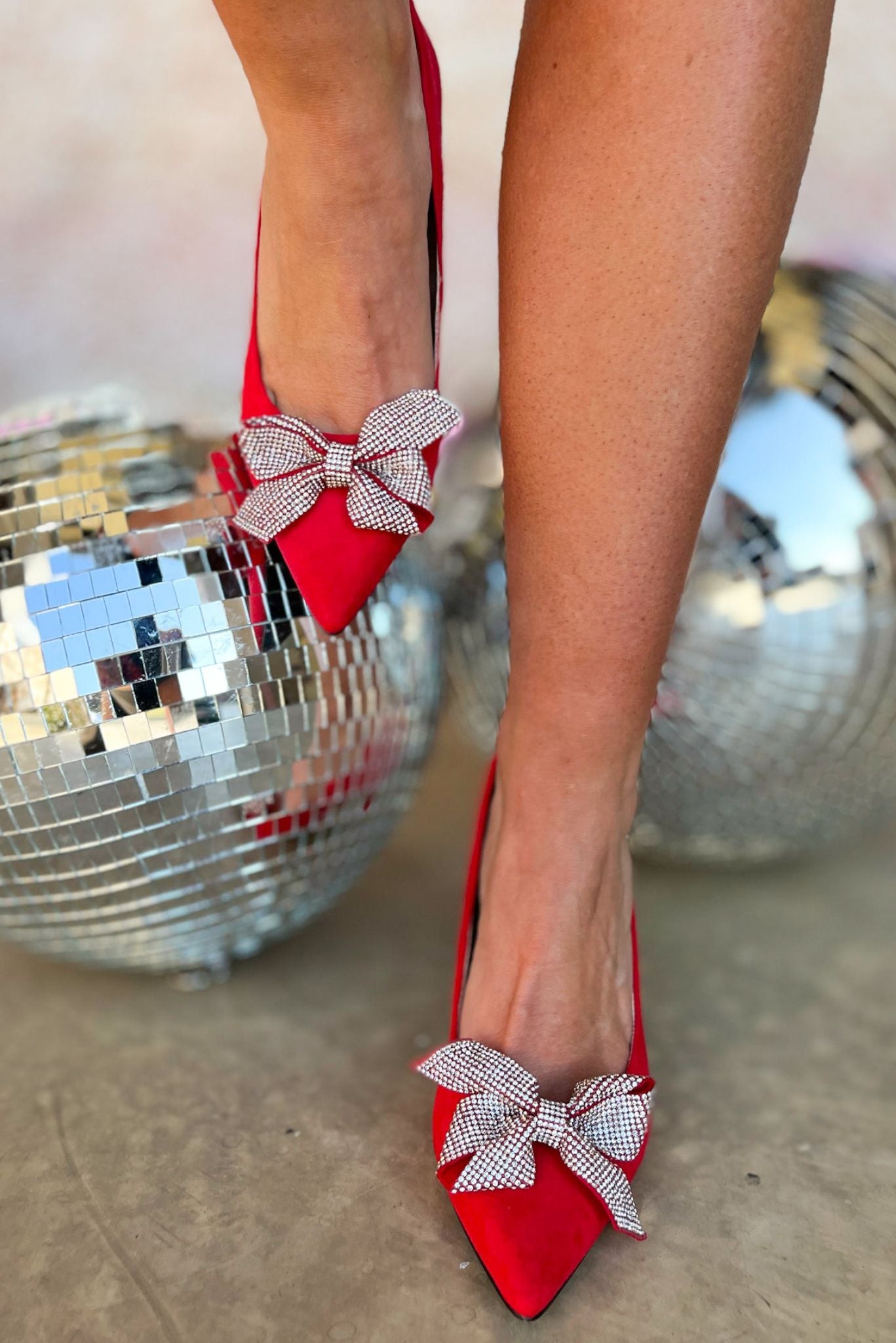 Load image into Gallery viewer, Red Suede Sequin Bow Pointed Toe Heels, pre party, holiday look, holiday party, glam shoe, must have, shop style your senses by mallory fitzsimmons
