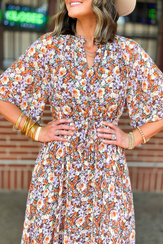 Brown Floral V Neck Flowy Sleeve Maxi Dress, fall floral maxi dress, flowy fit, flirty style, mom style, fall transition, must have, shop style your senses by mallory fitzsimmons