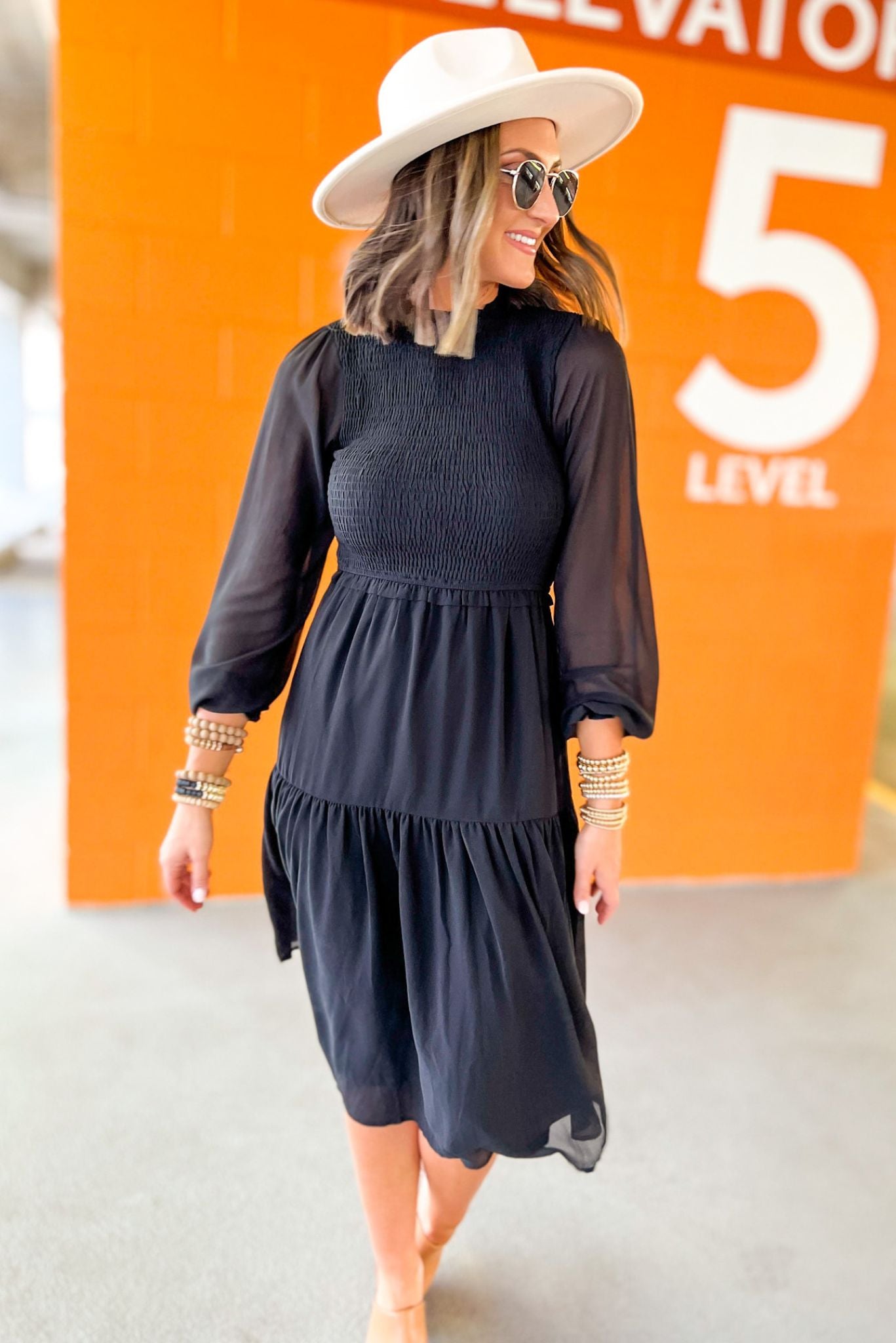 Load image into Gallery viewer, Black Mesh Long Sleeve Ruched Tiered Midi Dress, updated little black dress, work to weekend, balloon sleeves, feminine silhouette, mom style, shop style your senses by mallory fitzsimmons
