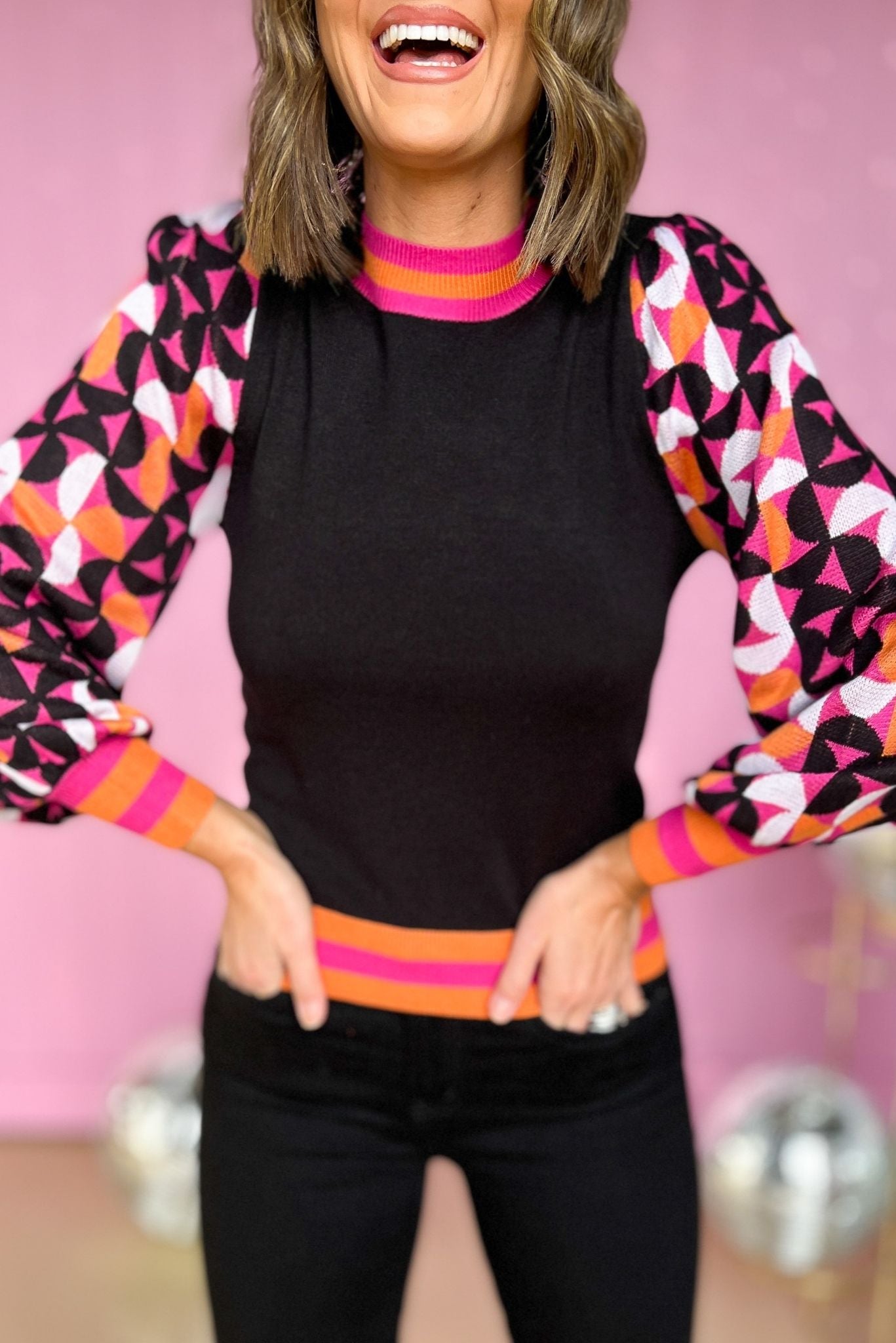 Black Hot Pink Contrast Print Sleeve Sweater, fall fashion, layered look, must have, mom style, elevated look, shop style your senses by mallory fitzsimmons