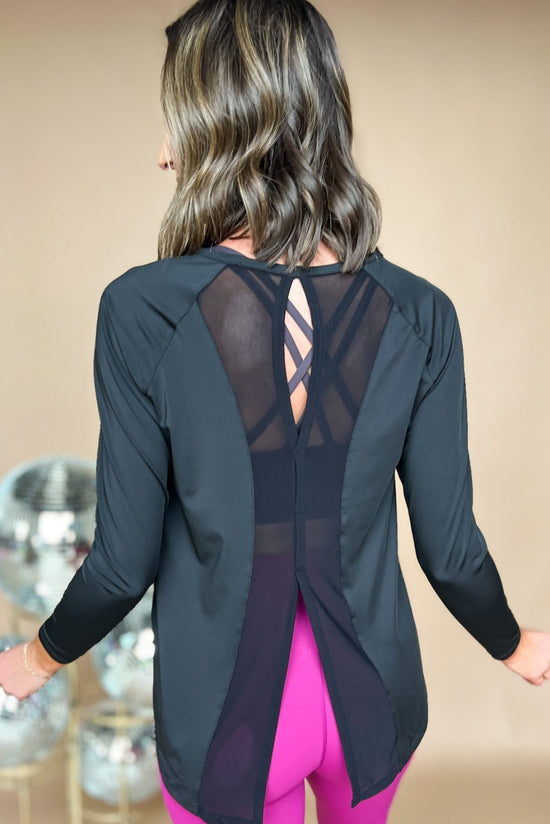 Black Long Sleeve Mesh Back Spliced Open Back Active Top, athleisure, must have, mom style, chic, everyday wear, shop style your senses by mallory ftizsimmons