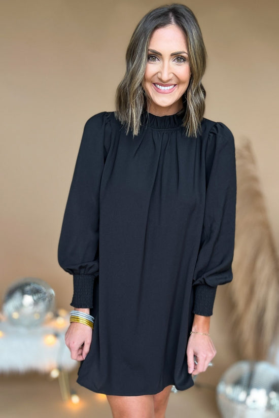 Black Frill Mock Neck Bubble Long Sleeve Shift Dress, fall fashion, layered look, must have, mom style, elevated look, shop style your senses by mallory fitzsimmons
