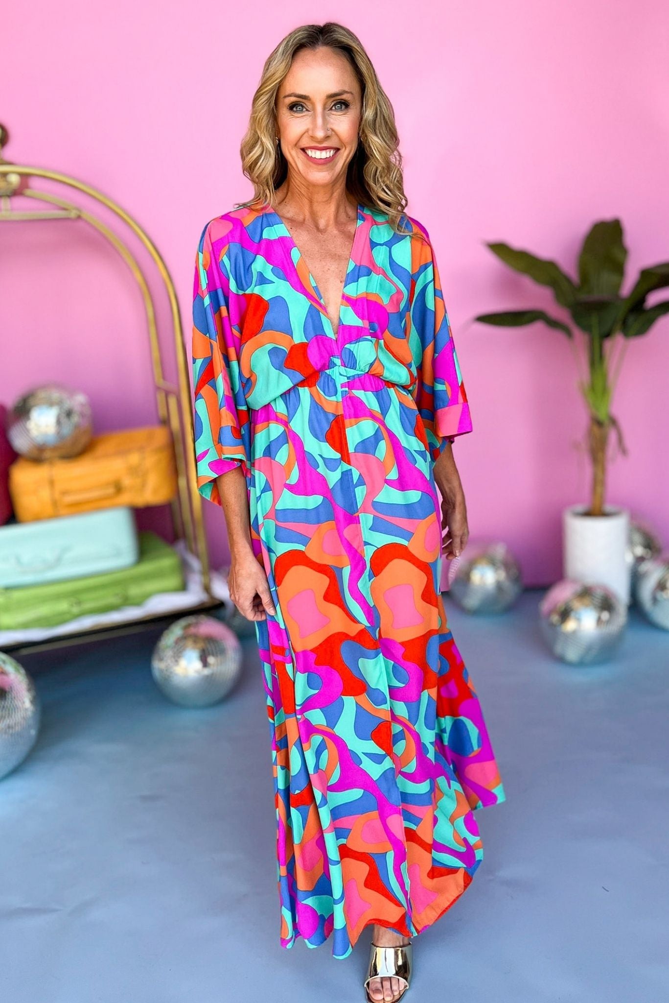 mint Abstract Printed V Neck Kimono Sleeve Maxi Dress, v neck, split front, spring look, resort wear, must have, shop style your senses by mallory fitzsimmons