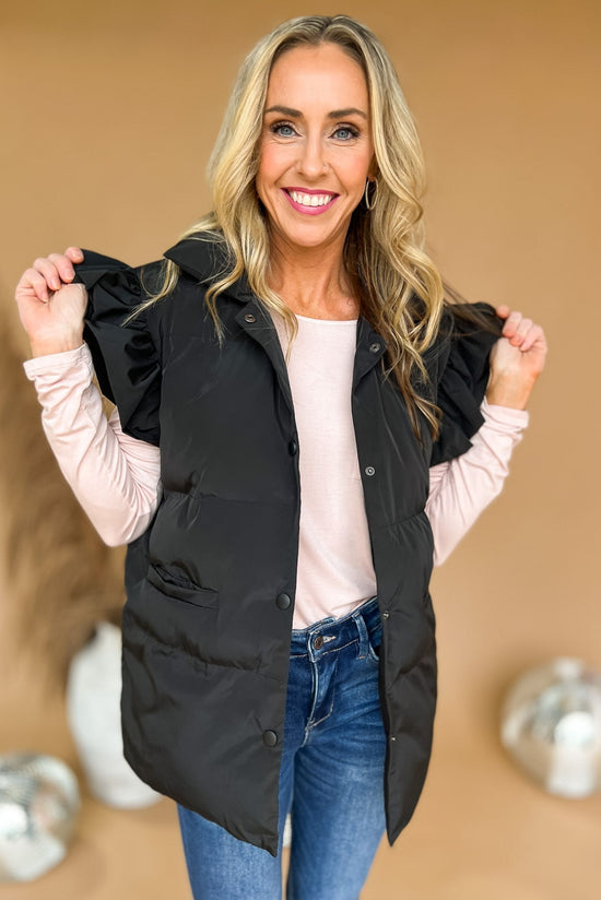 black Ruffle Sleeve Puffer Vest, fall fashion, must have, layered look, elevated look, chic, mom style, shop style your senses by mallory fitzsimmons