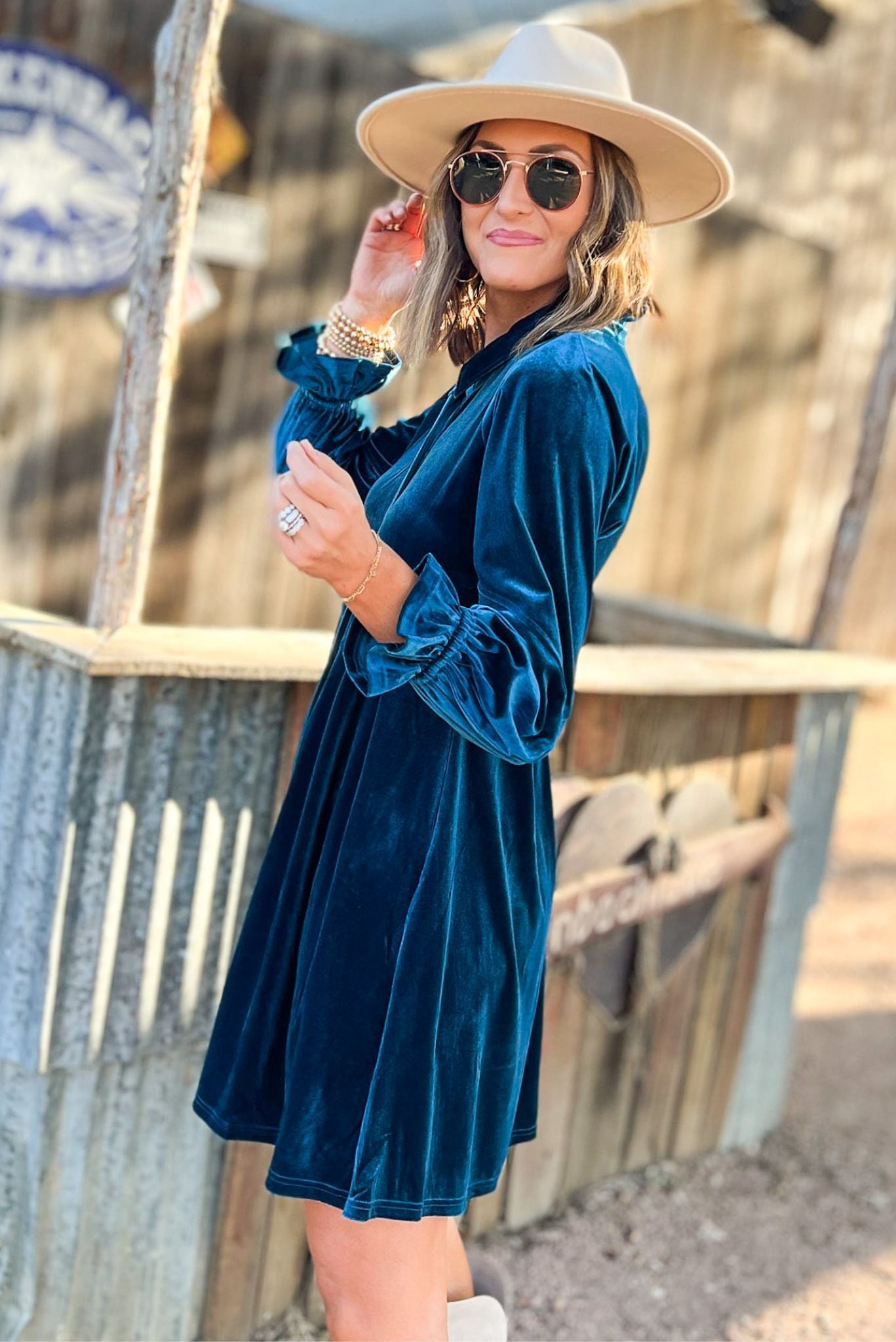 Teal Velvet Collared Button Down Hi Low Hem Babydoll Dress, fall fashion, country concert, cowgirl boots, must have, shop style your senses by mallory fitzsimmons