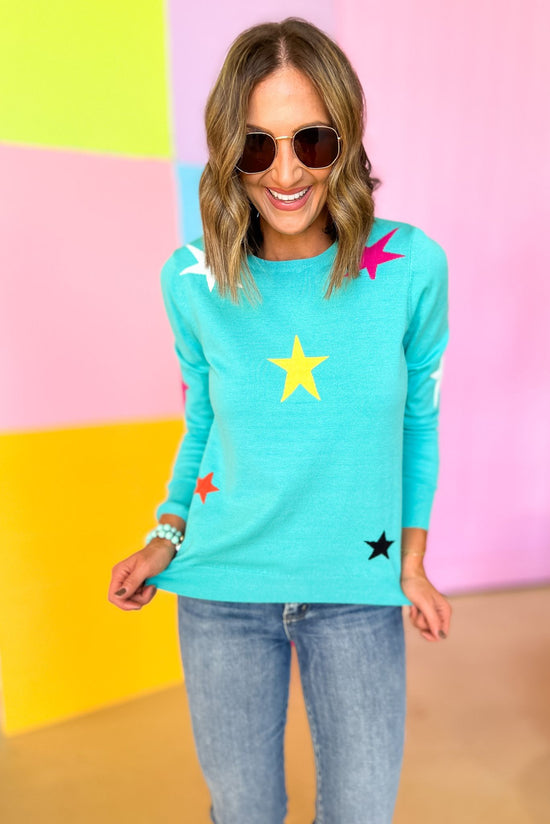 Light Blue Colorful Star Sweater, vibrant fall, sweater weather, must have, mom style, shop style your senses by mallory fitzsimmons