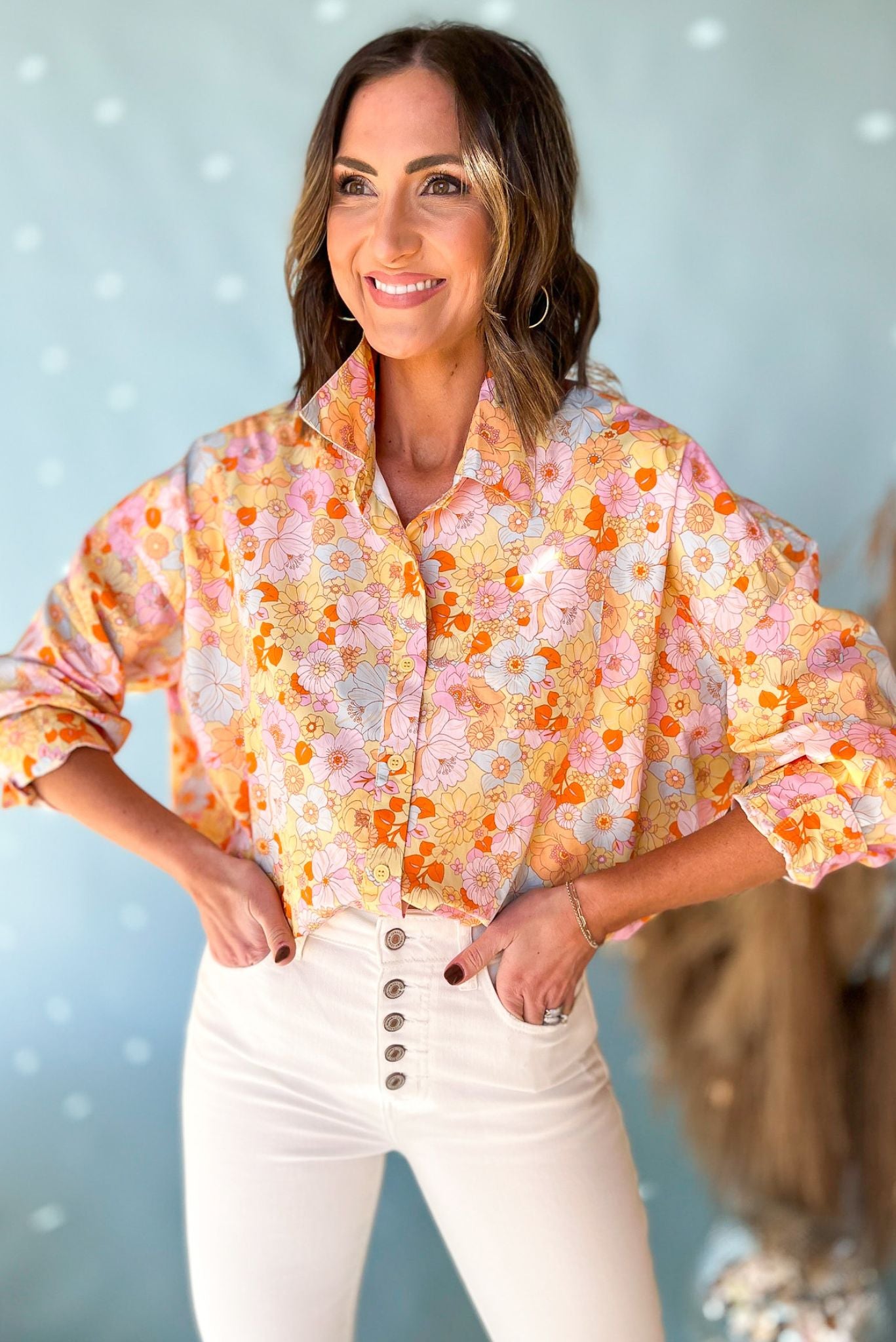 Karlie Yellow Pastel Floral Elastic Hem Button Down Top, spring fashion, spring top, floral print, elastic hem, must have, shop style your senses by mallory fitzsimmons