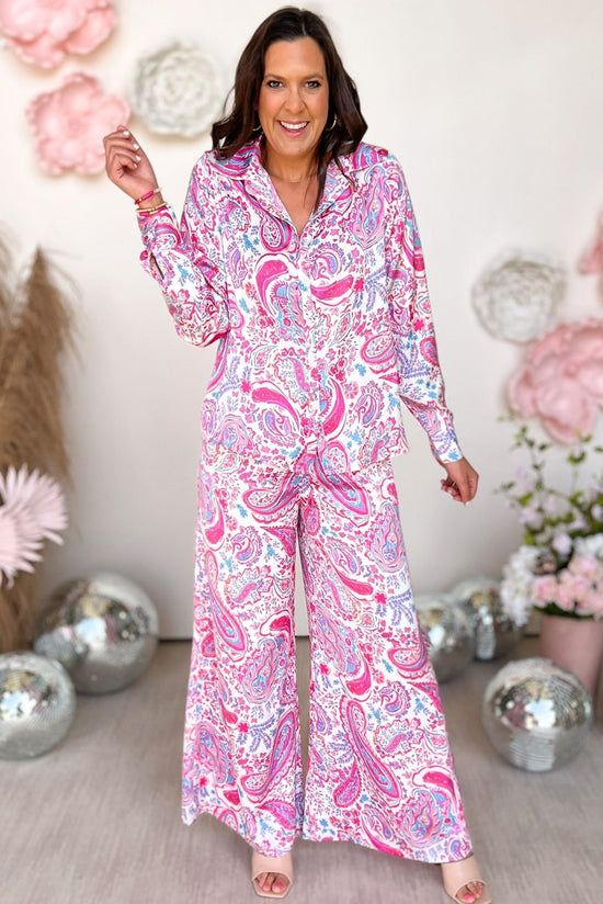 Load image into Gallery viewer, pink Paisley Floral Satin Collared Button Down Top, matching set, paisley print, spring fashion, must have, mom style, shop style your senses by mallory fitzsimmons

