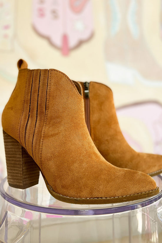 Load image into Gallery viewer, Camel Suede Pointed Toe Ankle Booties, fall transition piece, SSYS signature, mom style, work to weekend, chic updated bootie, fall essential, easy to wear, shop style your senses by mallory fitzsimmons
