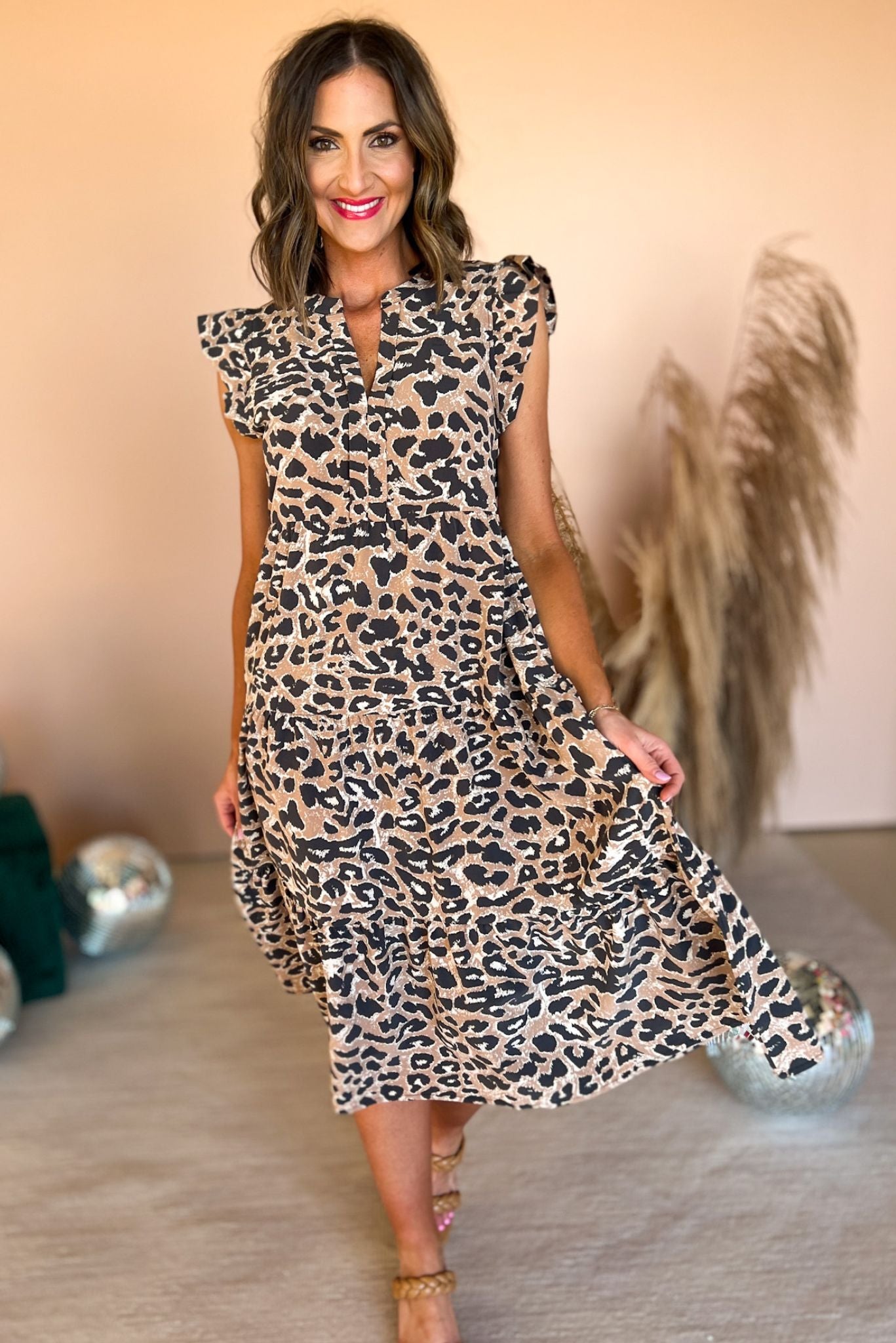 Load image into Gallery viewer, Taupe Animal Print Ruffle Cap Sleeve Tiered Midi Dress, ruffle sleeve, midi dress, spring fashion, must have, mom style, shop style your senses by mallory fitzsimmons

