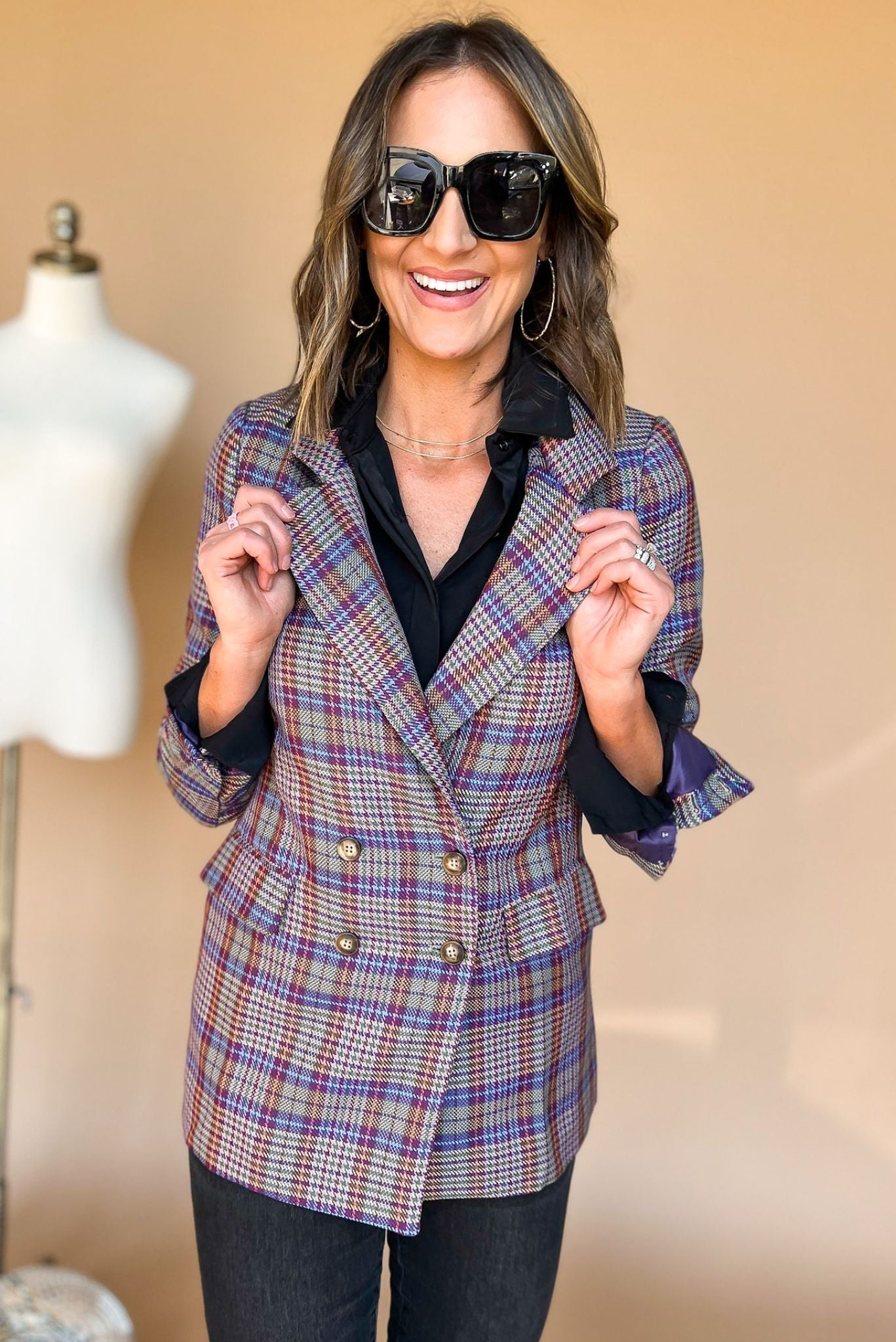 Load image into Gallery viewer, Purple Black Checker Double Breasted Blazer, work wear, office look, fall must have, trendy, chic blazer, mom style, shop style your senses by mallory fitzsimmons
