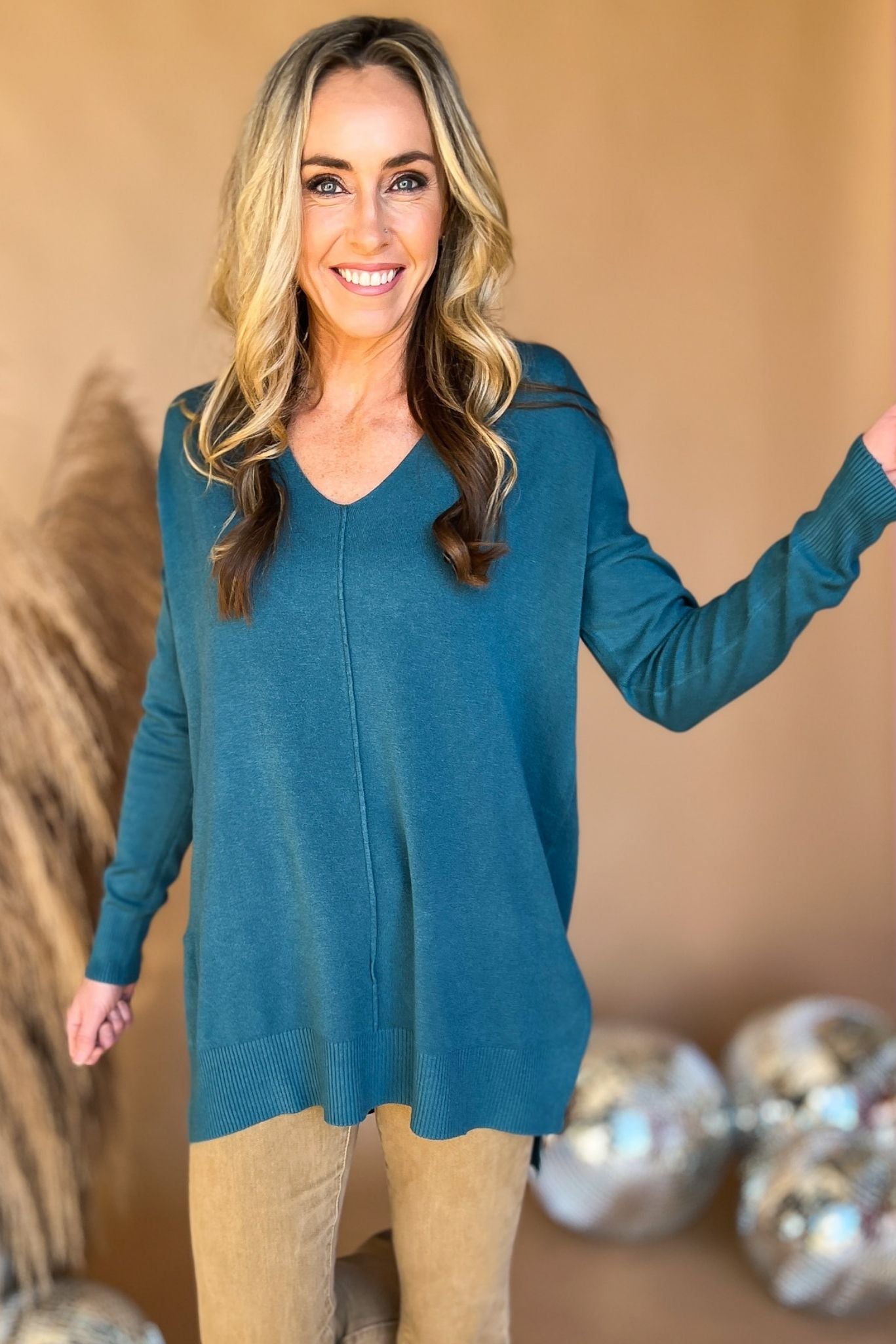 Load image into Gallery viewer, teal V Neck Front Seam Side Slit Sweater, everyday sweater, must have, front seam detail, mom style, elevated look, shop style your senses by mallory fitzsimmons
