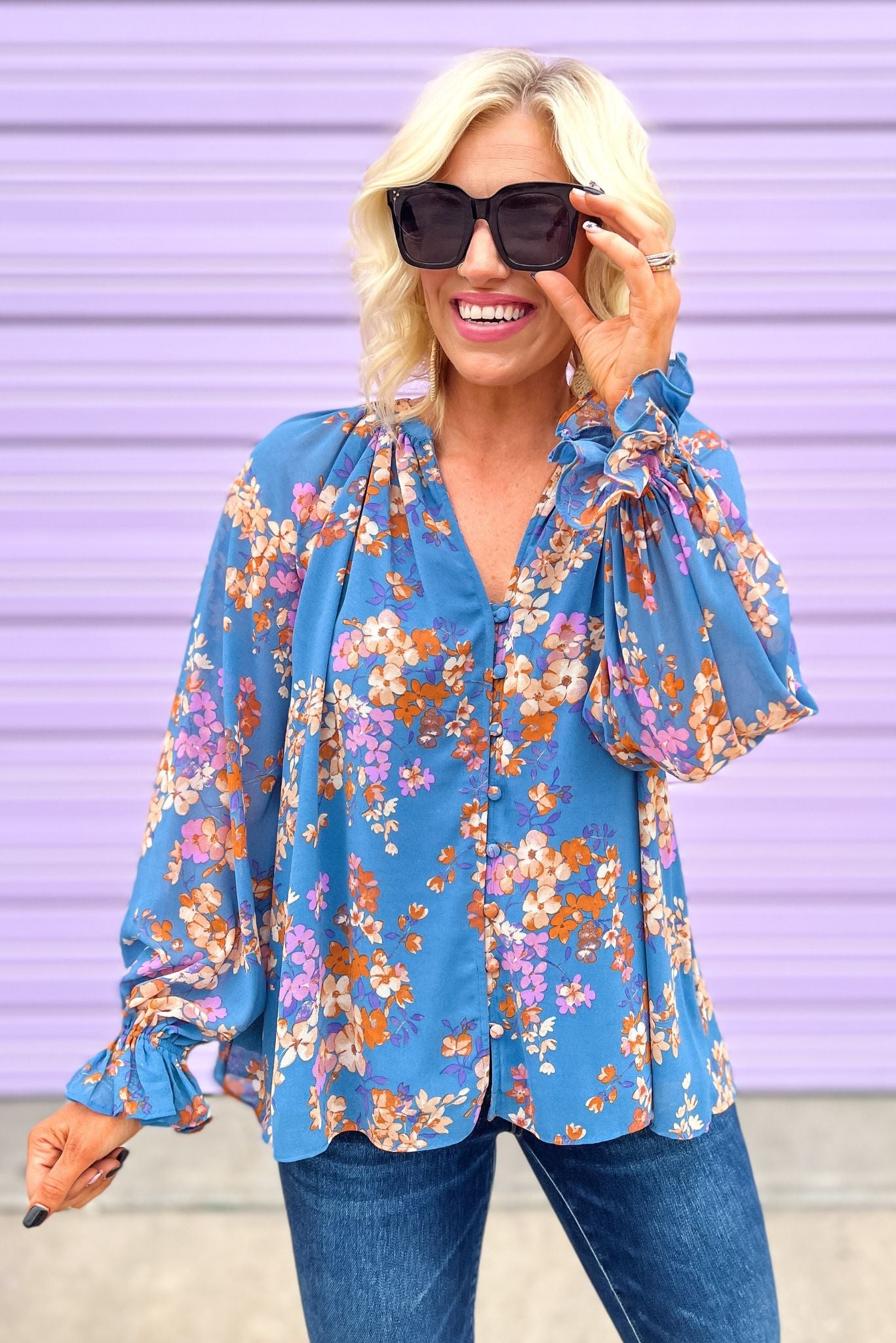 Blue Floral V Neck Frill Neck Long Sleeve Button Top, must have fall top, work wear, easy to wear, transition piece, mom style, shop style your senses by mallory fitzsimmons