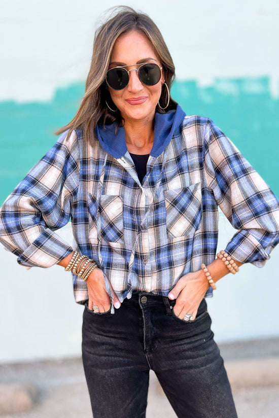 Load image into Gallery viewer, Blue Plaid Button Up Hoodie Shacket, fall essential, transition piece, every day wear, mom style, shop style your senses by mallory fitzsimmons
