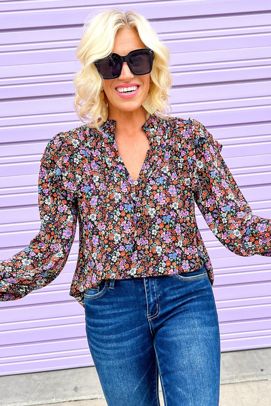 Load image into Gallery viewer, Black Floral V Neck Ruffle Long Sleeve Button Up Top, must have fall piece, work wear top, easy to wear, feminine fit, mom style, shop style your senses by mallory fitzsimmons
