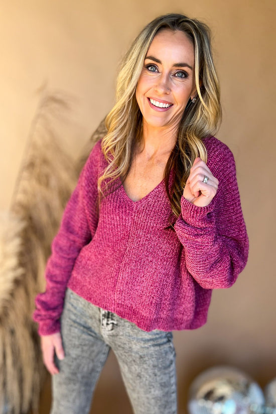 Fuchsia V Neck Chenille Sweater weather weather new arrivals shop style your senses by mallory fitzsimmons
