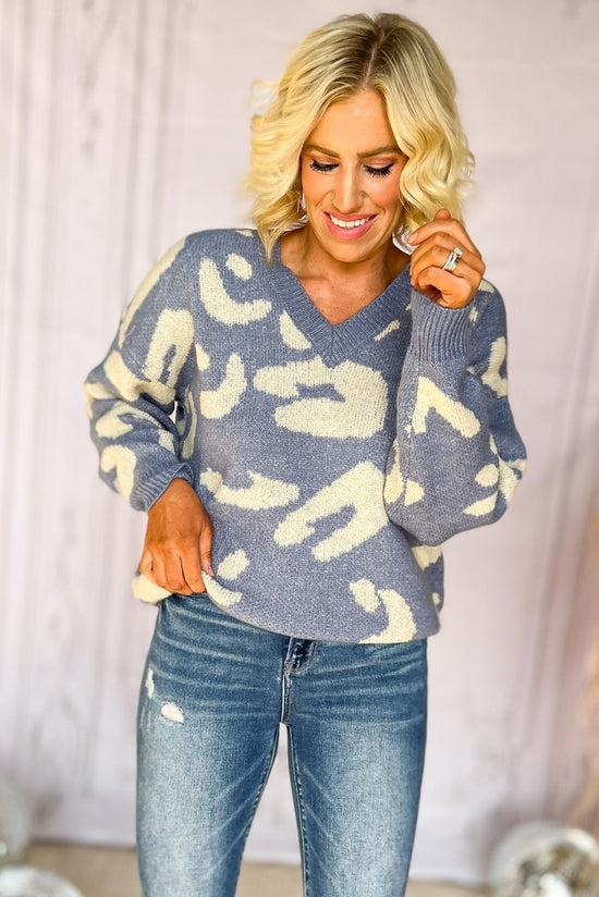 Load image into Gallery viewer, Blue Animal Print V Neck Ribbed Hem Sweater, v neck detail, must have, animal print, winter wear, mom style, shop style your senses by mallory fitzsimmons
