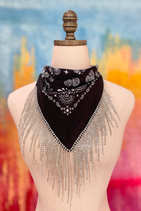 Load image into Gallery viewer, Black Rhinestone Fringe Bandana, must have accessory, fall transition piece, cowgirl vibes, concert ready, mom style, shop style your senses by mallory fitzsimmons
