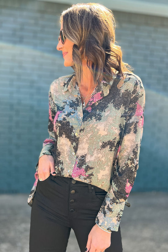 Load image into Gallery viewer, Olive Print Collared Button Down Top, fall fashion, must have, button down, printed detail, elevated look, shop style your senses by mallory fitzsimmons
