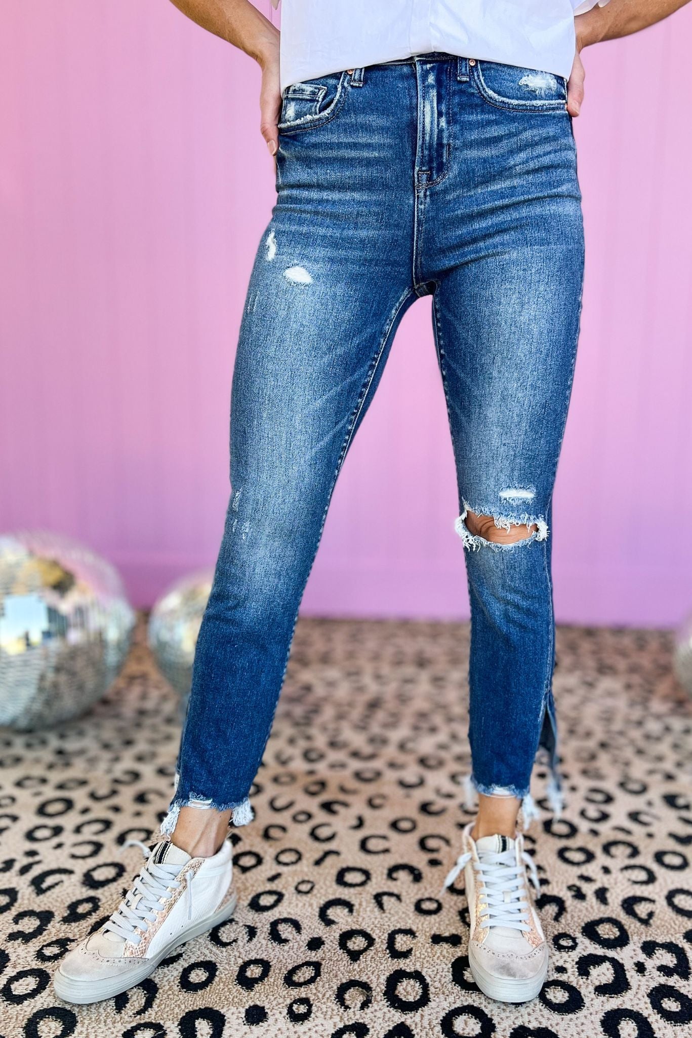 Load image into Gallery viewer, mica dark wash high rise distressed slim split crop jeans shop style your senses by mallory fitzsimmons

