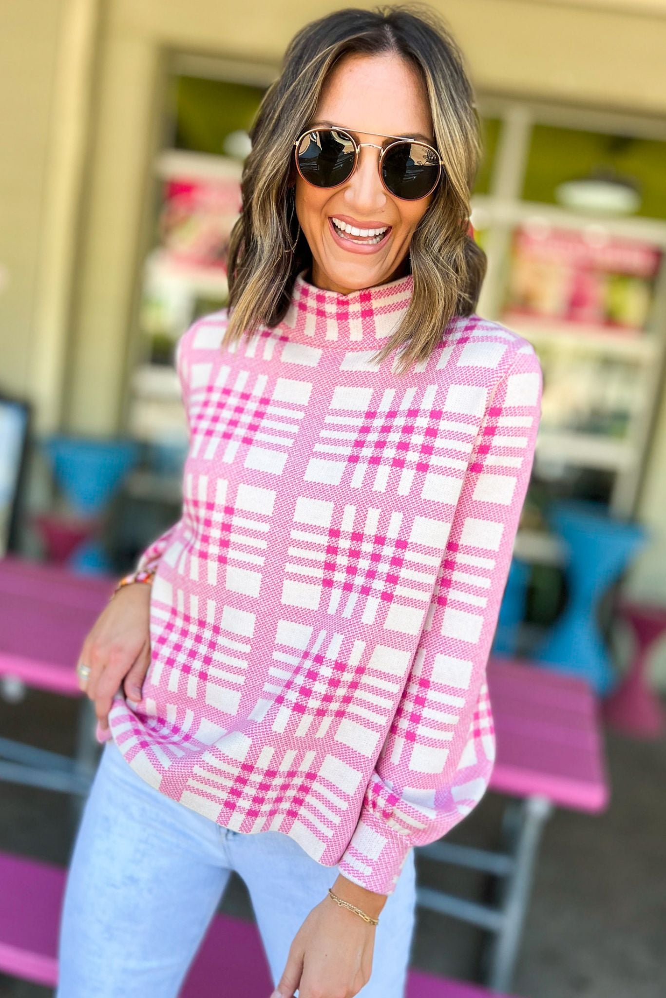 Load image into Gallery viewer, Hot Pink Plaid Puff Sleeve Mock Neck Sweater, fall fashion, fall must have, mock neck, sweater weather, mom style, shop style your senses by mallory fitzsimmons
