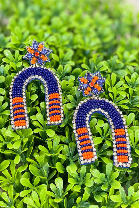 Load image into Gallery viewer, Navy Orange Beaded Arch Earrings, game day ready, teacher essential, must have fall accessory, mom style, shop style your senses by mallory fitzsimmons
