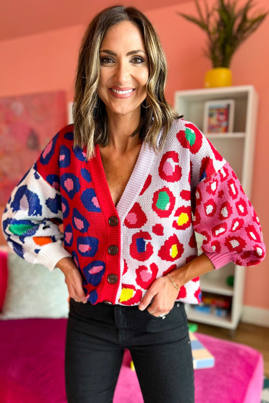 Pink Animal Print Colorblock Oversized Cardigan Sweater, fall fashion, oversized cardigan, must have, vibrant fall, colorblock detail, mom stylel, shop style your senses by mallory fitzsimmons