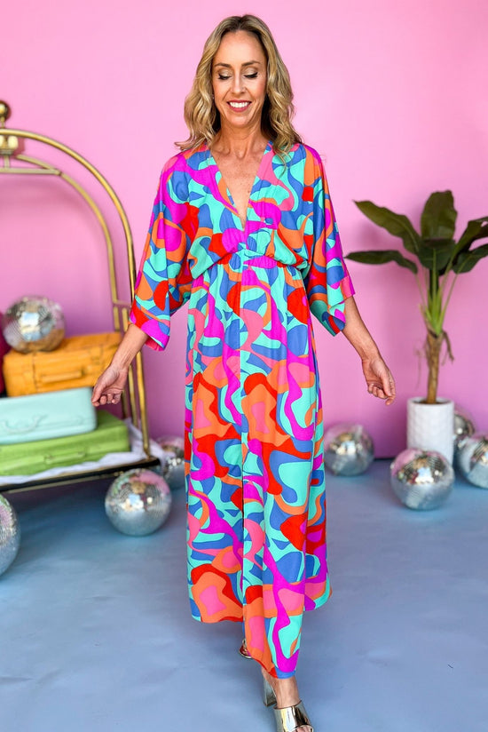 mint Abstract Printed V Neck Kimono Sleeve Maxi Dress, v neck, split front, spring look, resort wear, must have, shop style your senses by mallory fitzsimmons