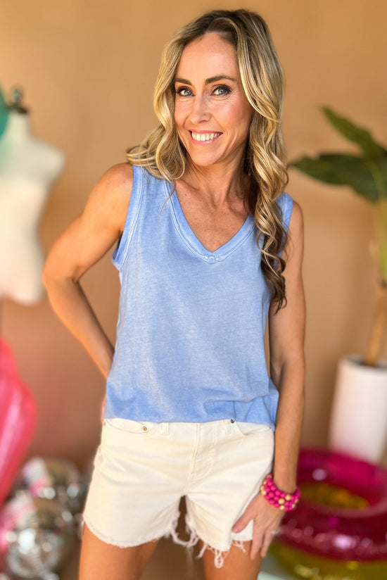 Load image into Gallery viewer, Washed Light Blue Raw Hem V Neck Tank Top, summer in january, summer staples, basics, raw hem tank, everyday wear, shop style your senses by mallory fitzsimmons
