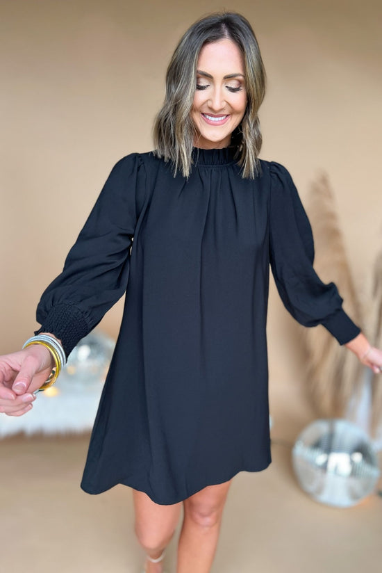 Black Frill Mock Neck Bubble Long Sleeve Shift Dress, fall fashion, layered look, must have, mom style, elevated look, shop style your senses by mallory fitzsimmons