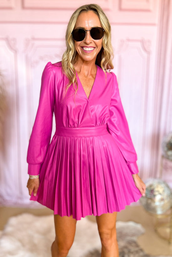 Load image into Gallery viewer, Hot Pink Faux Leather Pleated Long Sleeve Dress, wedding guest attire, jumpsuit, pleated detail, fall fashion, dressy, chic, shop style your senses by mallory fitzsimmons

