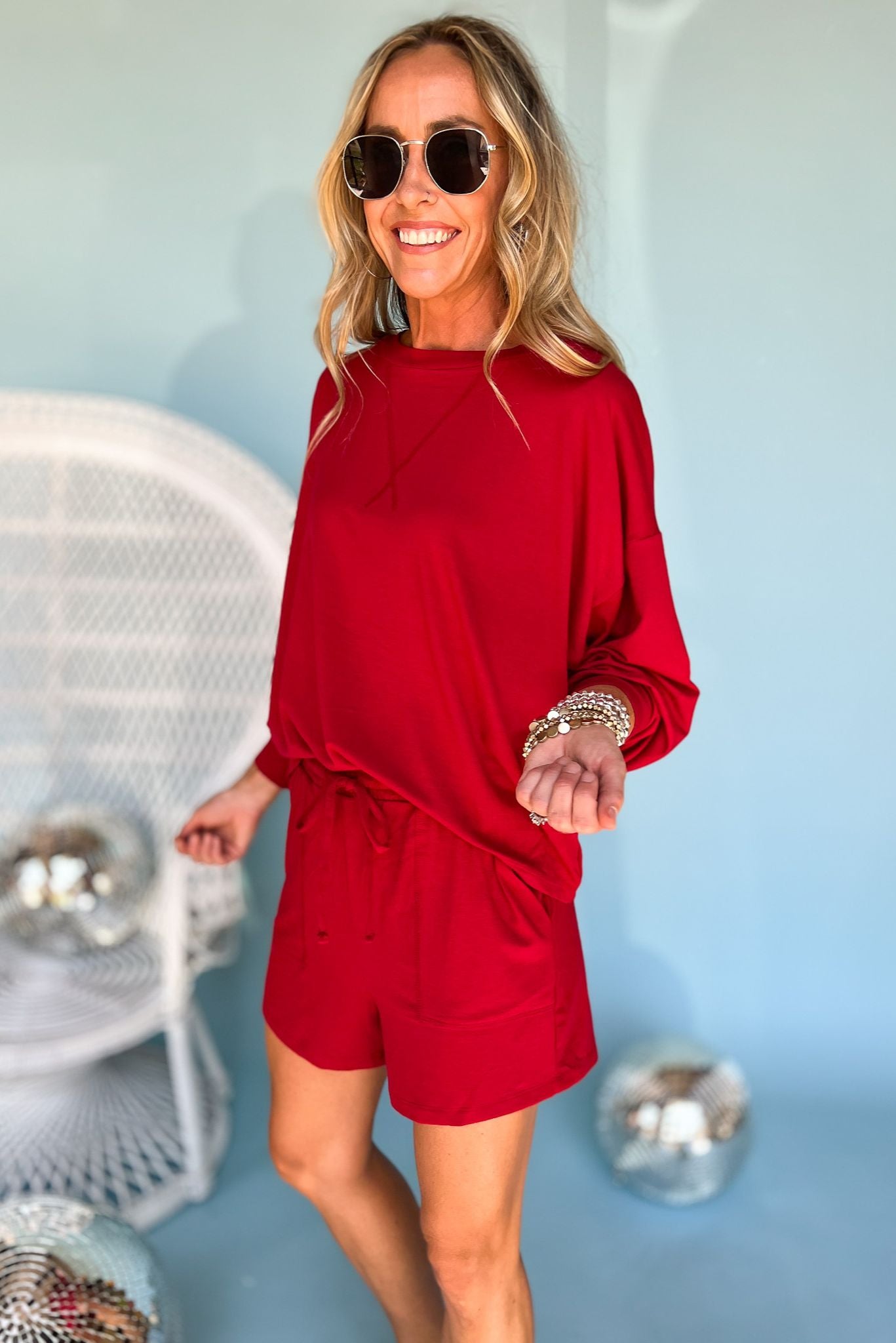 Load image into Gallery viewer, Red Drop Shoulder Top And Shorts Set, matching set, lounge wear, mom style, everyday wear, shop style your senses by mallory fitzsimmons
