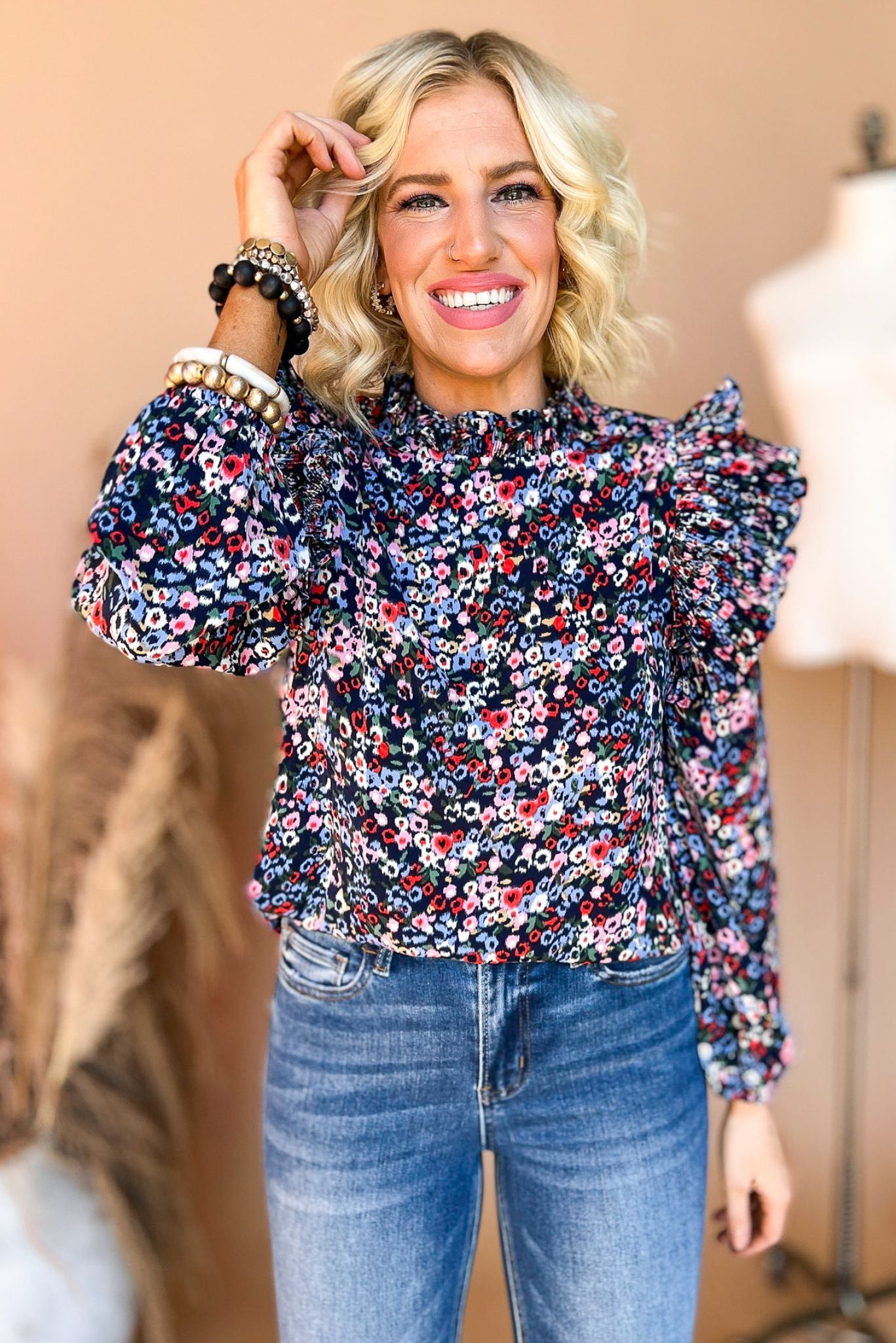 Load image into Gallery viewer, Navy Floral Ruffle Shoulder Frill Neck Long Sleeve Top, fall fashion, fall must have, mom style, ruffle sleeve detail, shop style your senses by mallory fitzsimmons
