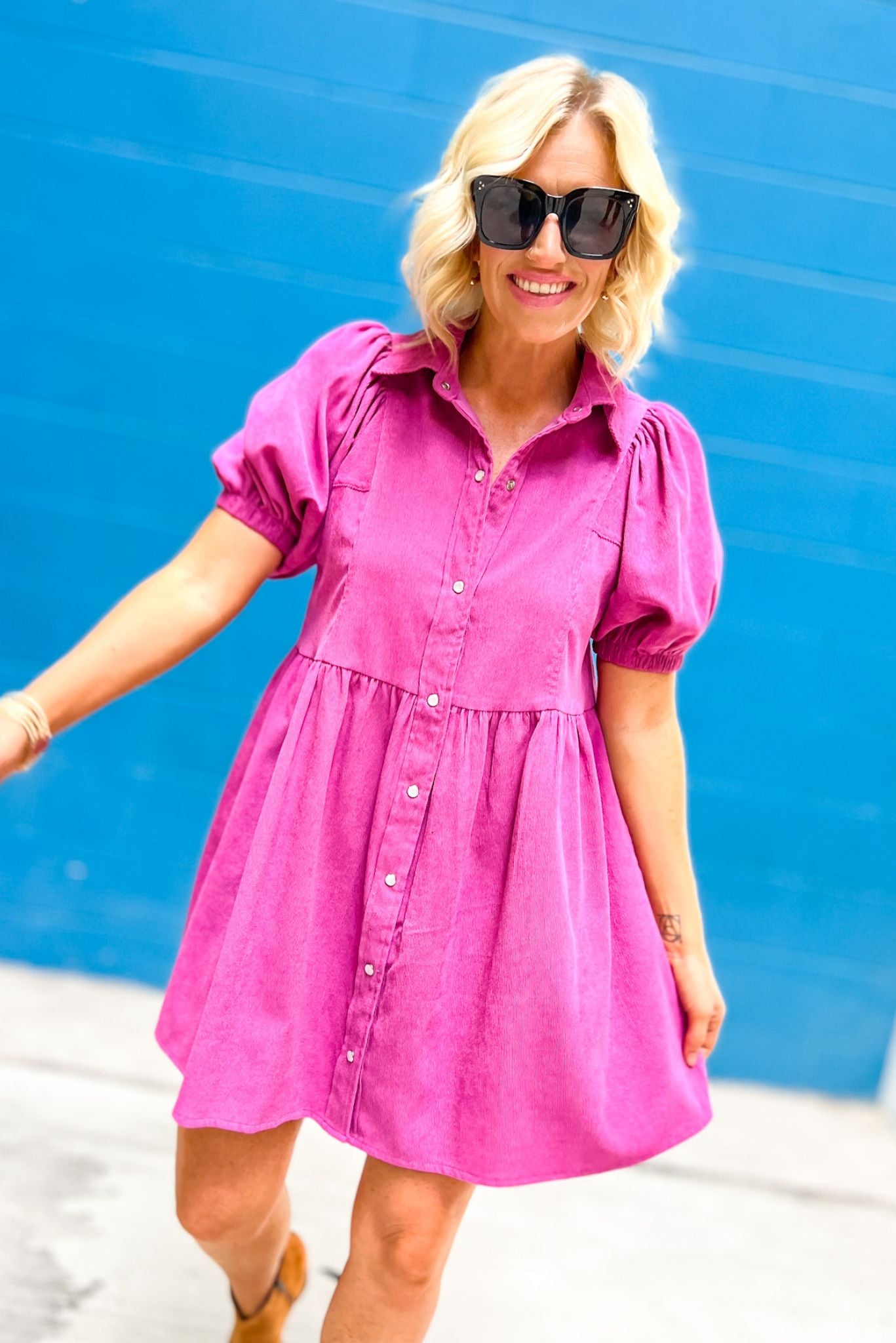 Purple Corduroy Puff Sleeve Collared Babydoll Dress, fall transition piece, easy to style, pair with booties, mom style, everyday wear, updated babydoll dress, shop style your senses by mallory fitzsimmons