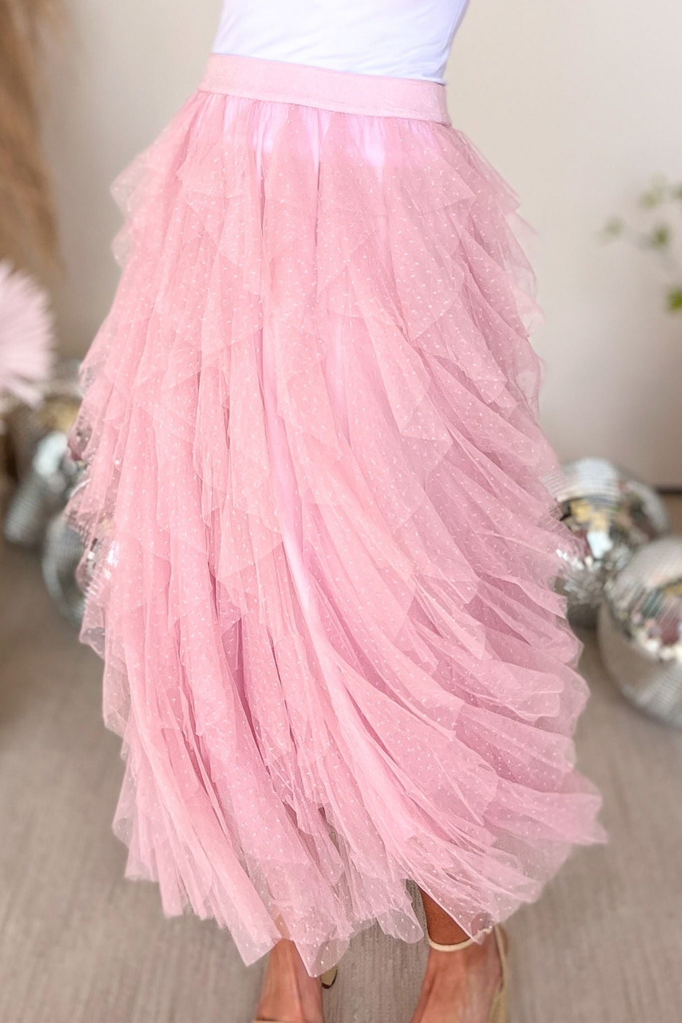 Baby Pink Tulle Waterfall Skirt, layered skirt, elastic waist, tulle, spring fashion, must have, elevated look, shop style your senses by mallory fitzsimmons