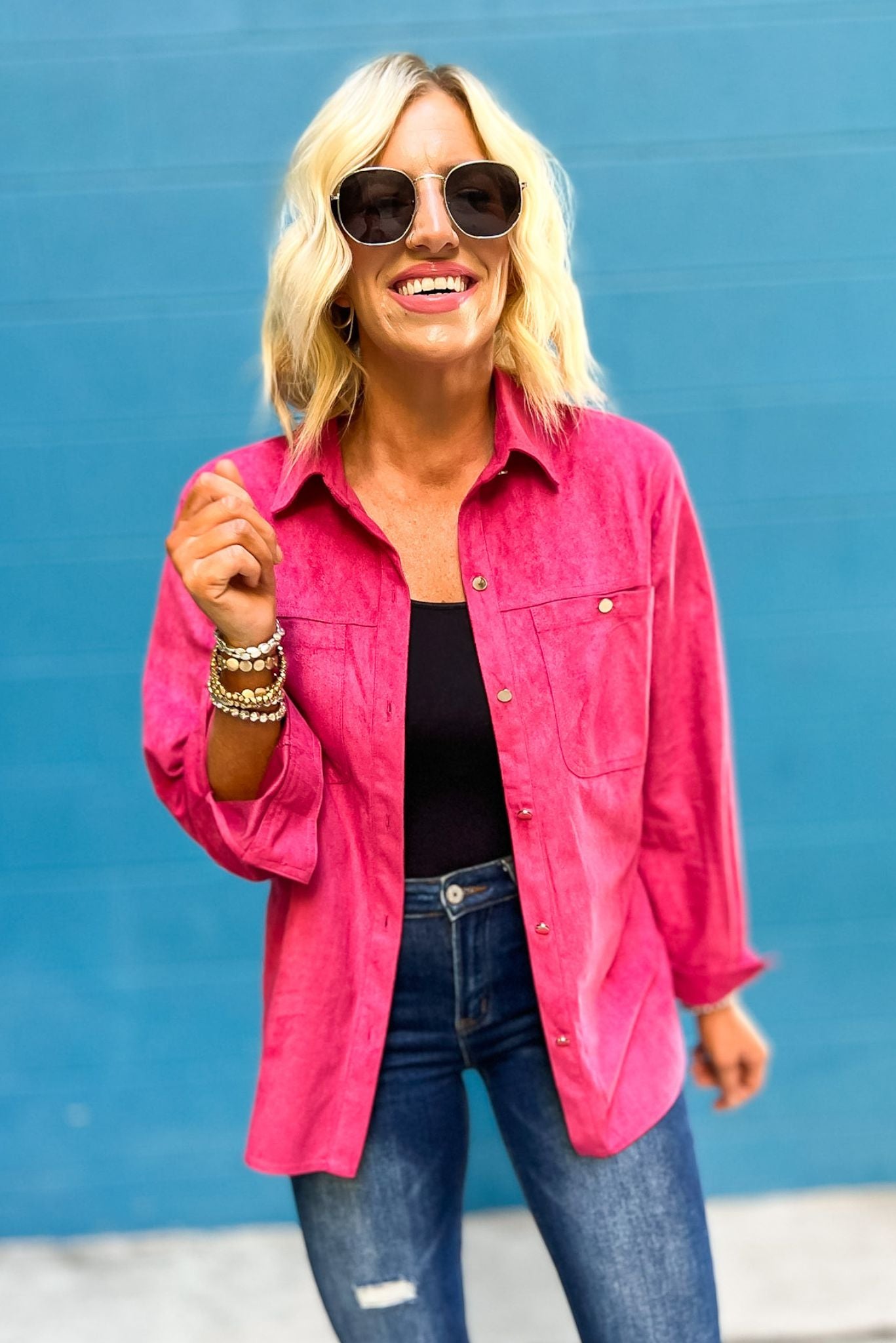 Hot Pink Suede Front Pocket Shacket, vibrant fall look, layered look, must have, mom style, shop style your senses by mallory fitzsimmons