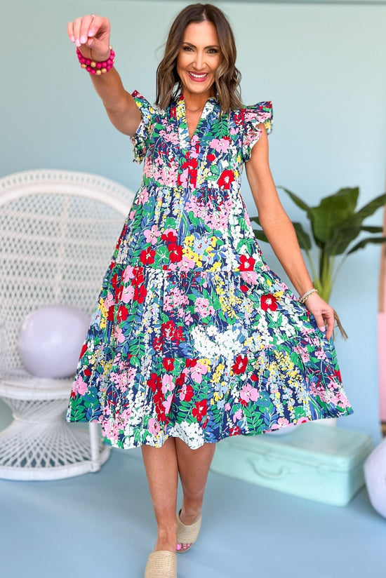 Load image into Gallery viewer, Navy Floral Flutter Sleeve V Neck Tiered Midi Dress, spring fashion, spring look, floral print, must have, mom style, resort wear, shop style your senses by mallory fitzsimmons
