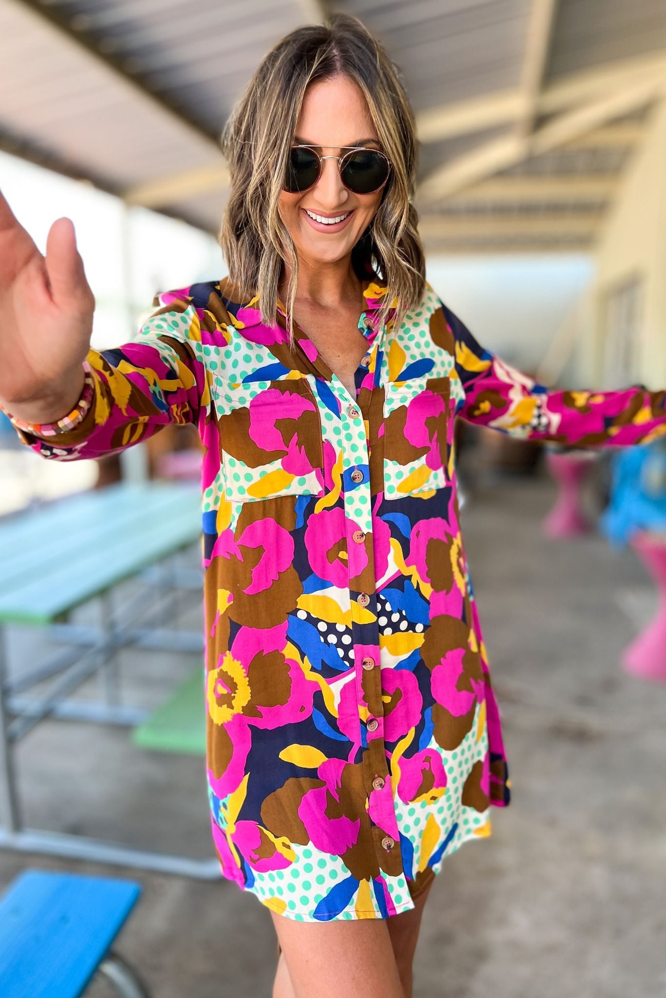 Floral Dot Abstract Button Down Shirt Dress by Karlie, fall fashion, fall must have, shift dress, vibrant print, mom style, shop style your senses by mallory fitzsimmons