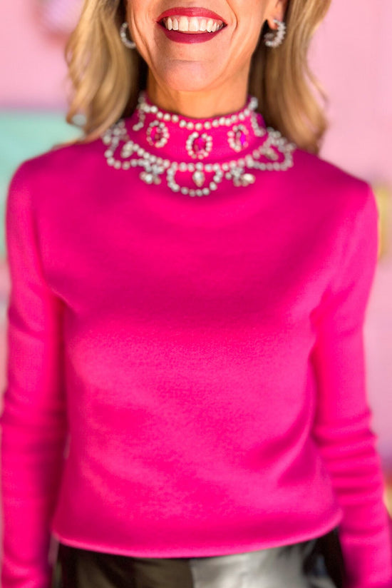 Hot Pink Rhinestone Mock Neck Sweater, holiday look, holiday glam, holiday party, must have, rhinestone detail, shop style your senses by mallory fitzsimmons