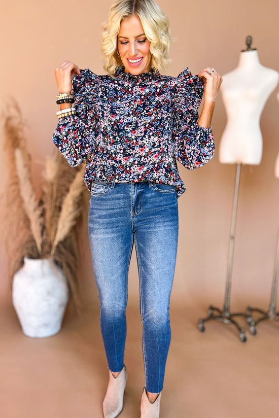 Load image into Gallery viewer, Navy Floral Ruffle Shoulder Frill Neck Long Sleeve Top, fall fashion, fall must have, mom style, ruffle sleeve detail, shop style your senses by mallory fitzsimmons
