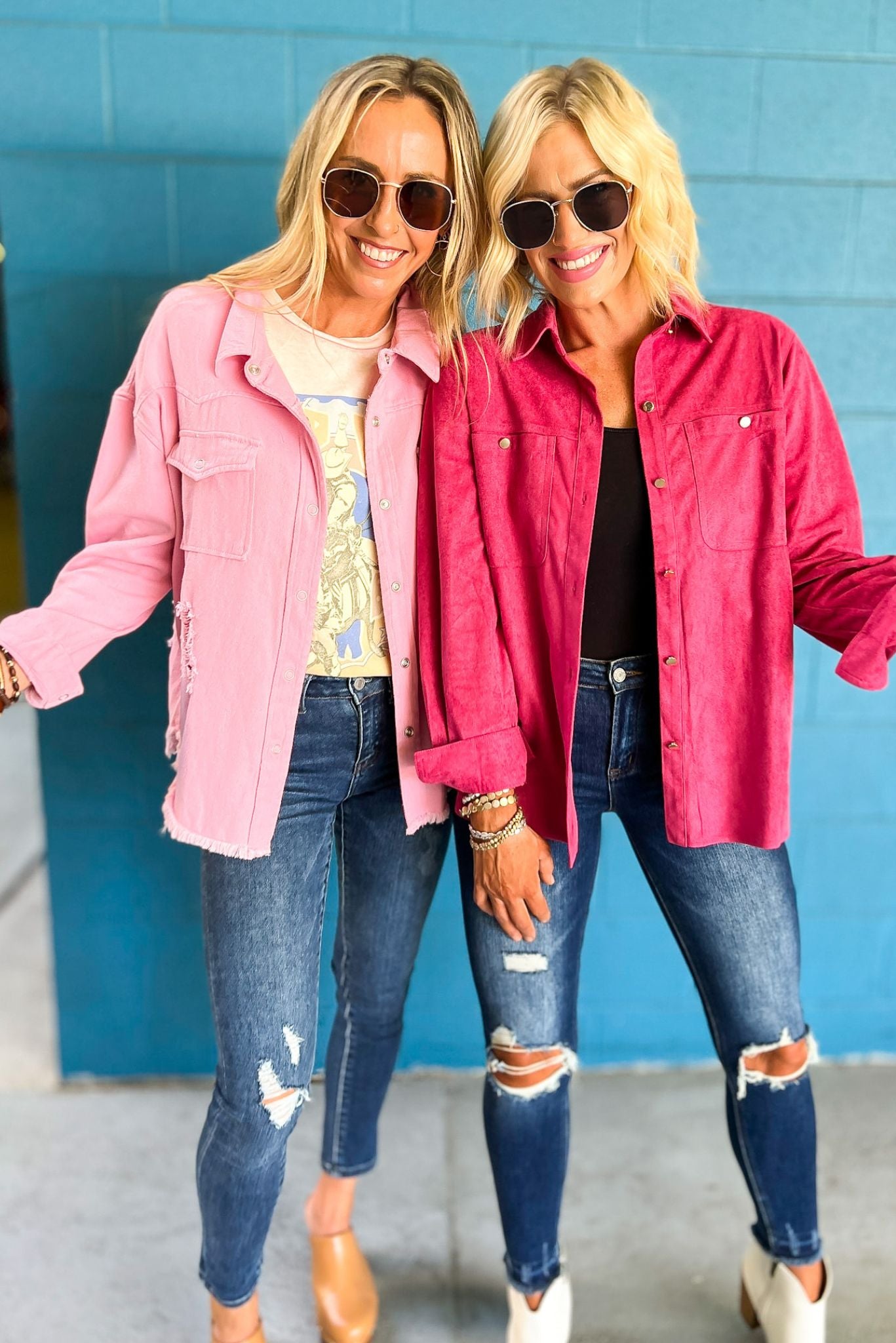 Load image into Gallery viewer, Hot Pink Suede Front Pocket Shacket, vibrant fall look, layered look, must have, mom style, shop style your senses by mallory fitzsimmons
