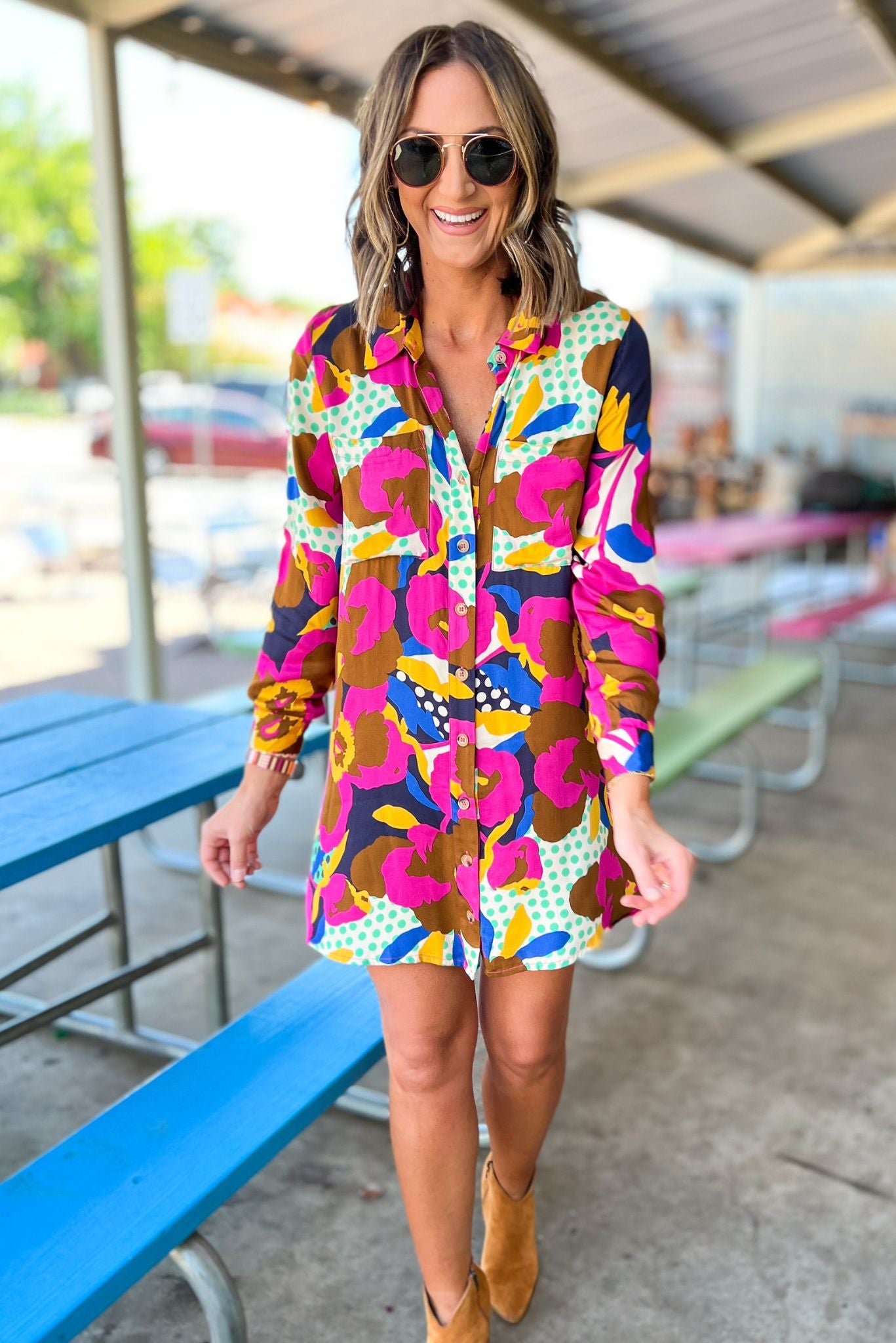 Floral Dot Abstract Button Down Shirt Dress by Karlie, fall fashion, fall must have, shift dress, vibrant print, mom style, shop style your senses by mallory fitzsimmons