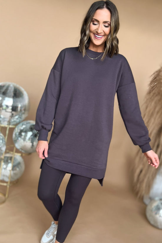 Dark Grey Round Neck Longline Hi Low Sweatshirt Dress, fall fashion, must have, oversized fit, sweatshirt, travel look, mom style, shop style your senses by mallory fitzsimmons