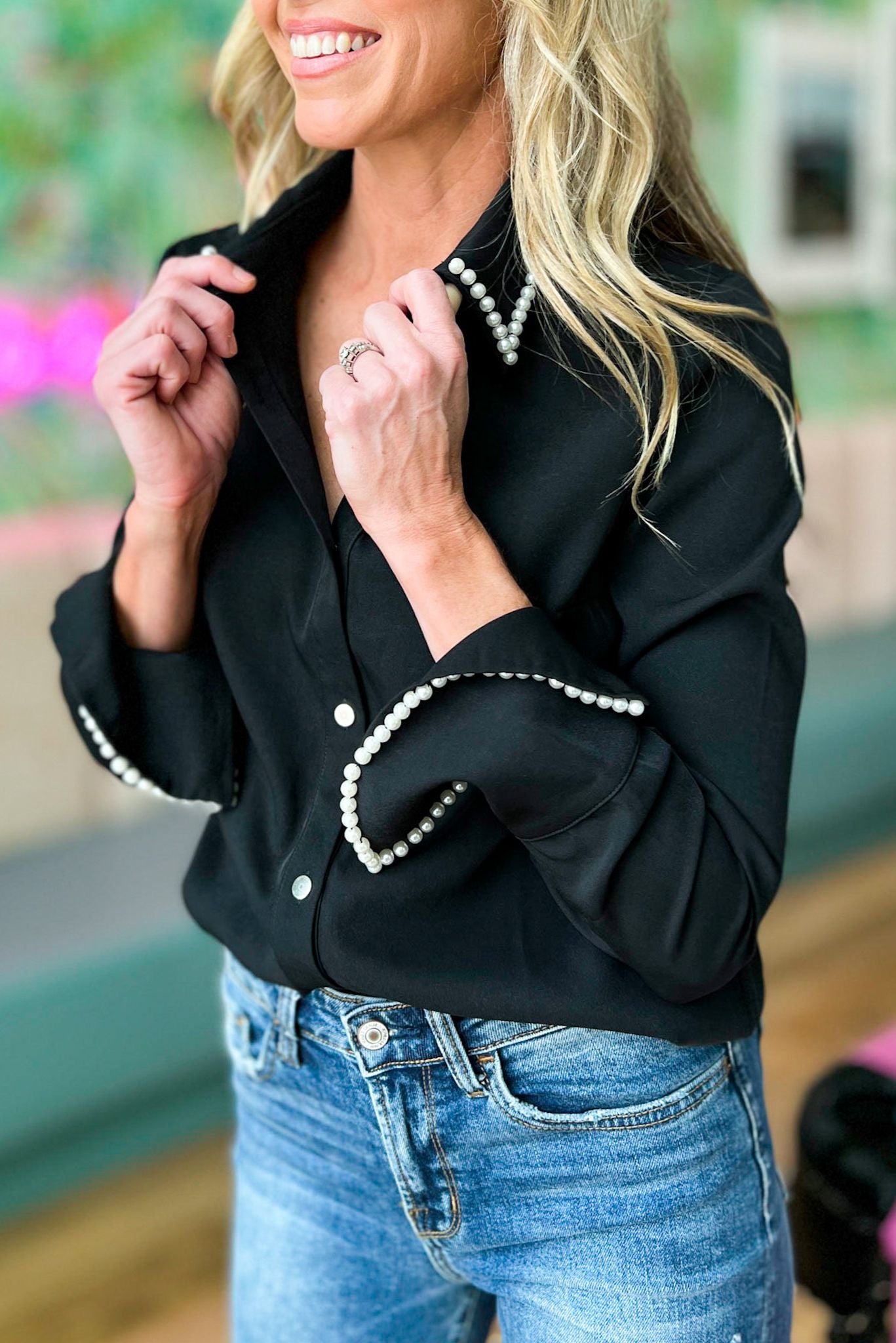 Black Pearl Trim Button Down Top, fall fashion, must have, work to weekend, mom style, elevated look, chic, shop style your senses by mallory fitzsimmons