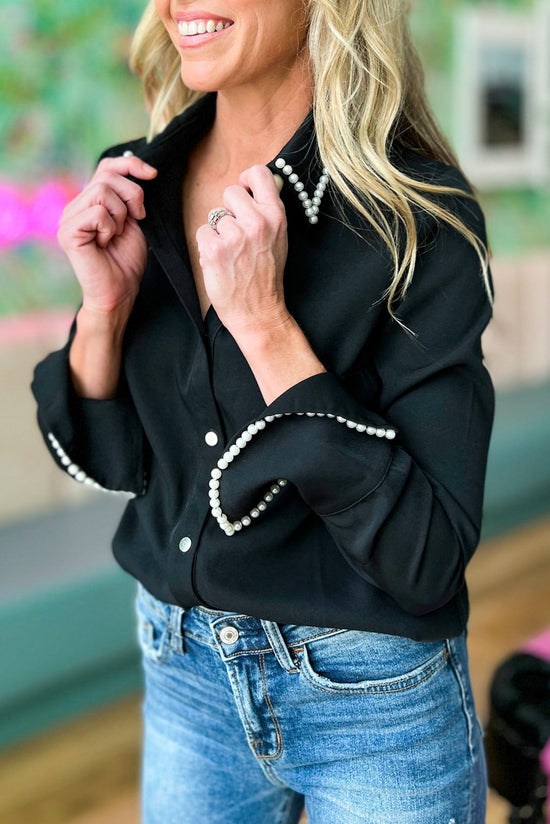 Black Pearl Trim Button Down Top, fall fashion, must have, work to weekend, mom style, elevated look, chic, shop style your senses by mallory fitzsimmons